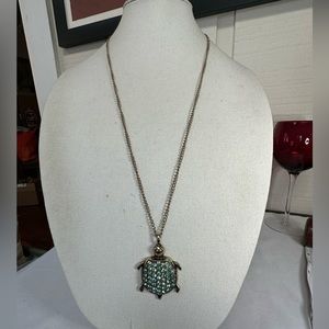 Long sparkly green rhinestone turtle necklace